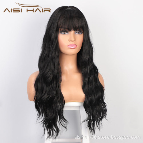 Aisi Hair Popular Vendor Cheap Wholesale Medical Long Wavy Natural Wave Wig With Bangs For Black Women Synthetic Hair Wigs